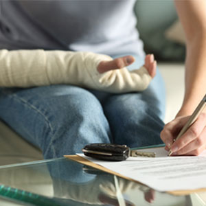 Car accident victim with a broken arm dealing with legal and work challenges in Los Angeles.