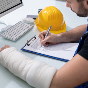 A worker with an arm cast filling out a 4-step disability evaluation form.