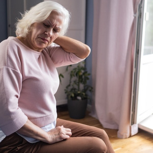 An elderly woman sitting on a bed while holding her neck in pain from nerve damage.