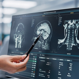 A medical professional pointing to a brain scan on a monitor for a disability claim.