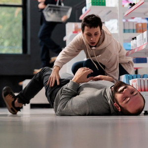 A person assisting someone experiencing a seizure in a public setting.