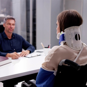 A woman in a neck brace and wheelchair consulting with a disability attorney.